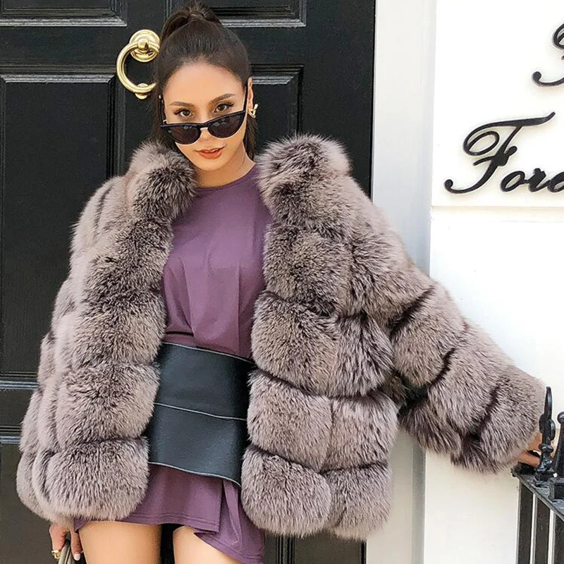 

Maylofuer Women Short Fox Fur Coat Strips with Double Colors Female Coats Lady Winter Fur Jacket