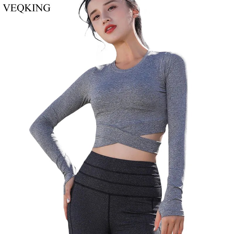 

VEQKING Sexy Exposed Navel Yoga T-shirts,Women Long Sleeve Running Tees,Quick Dry Fitness Gym Crop Tops,Solid Short Sports Shirt
