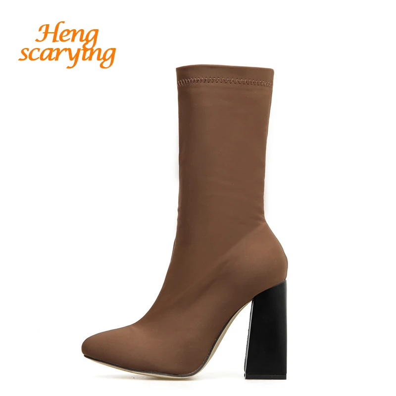 

2019 Autumn Winter Women Satin Ankle Boots Designer Block High Heels Silk Short Boots Zippers Brown Pointed Toe Chelsea Boots