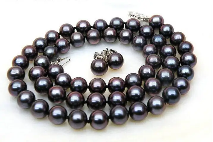 

SHIPPING HOT sell new Style >>>>> 14k white gold AAA+ round 6.5-7mm black blue south sea pearl necklace earring17