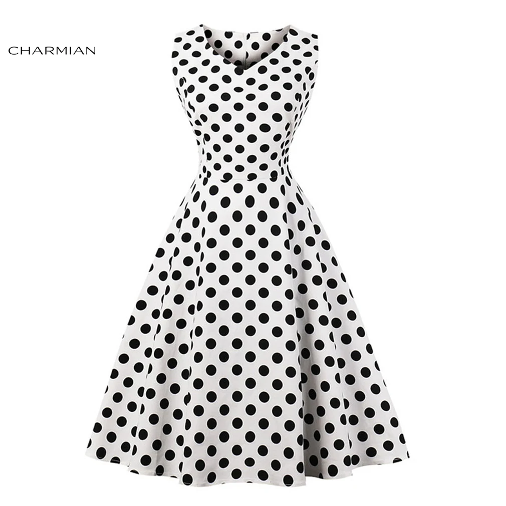 

Charmian Women's Summer Plus Size Elegant Vintage Dress Black Dot White Midi Dress 1950s Party Casual Swing Rockabilly Vestidos