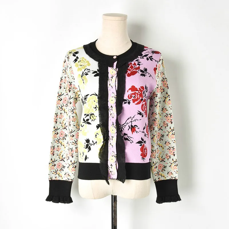 #Special Offers High Street Women's Cardigan Lace Patchwork Sweaters Jacquard Flowers 2018 Autumn Runway Female Elegant Tops Knitted Ruffle Coat