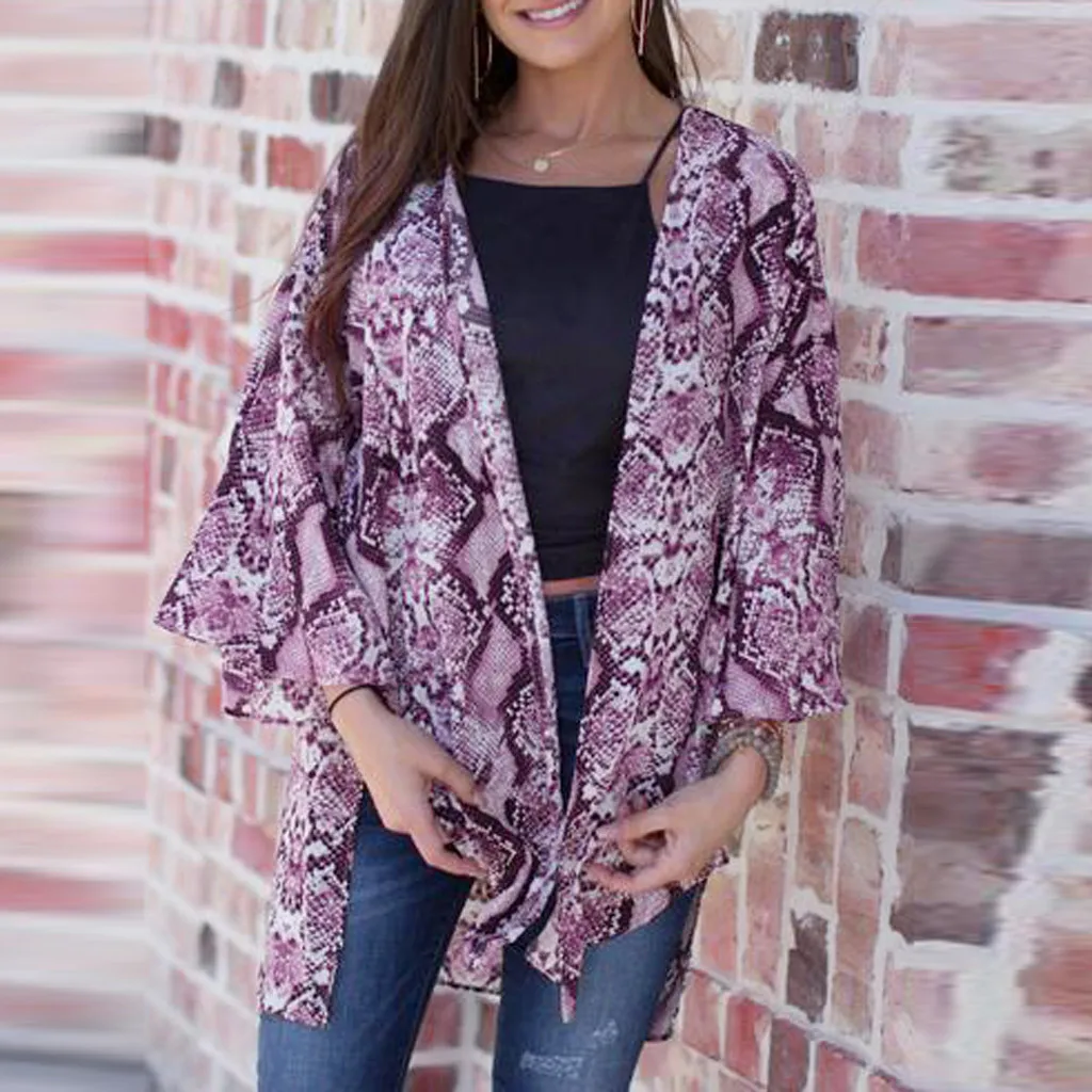 

2019 Fashion Women Serpentine Printing Cardigan Bikini Cover Up Summer Chiffon Blouse Beach Tunics Swimsuit Kaftan Beach Pareos