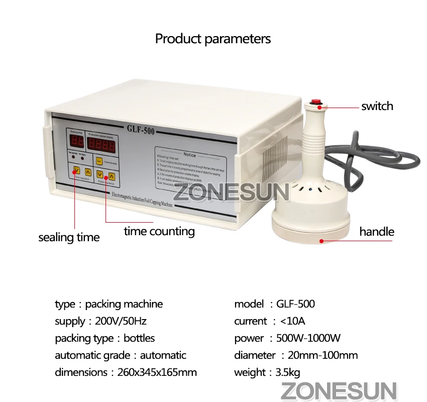 ZONESUN стабильный индукции Алюминий запайки GLF-500 Портативный Магнитоиндукционная бутылки герметик 20 мм до 100 мм диаметр