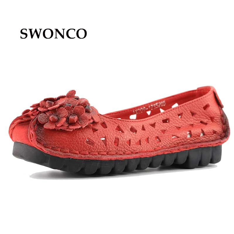 Breathable Hole Genuine Leather Sandals Shoes For Woman 2017 New Retro Flower Comfortable Rubber Sole Female Fashion Shoes