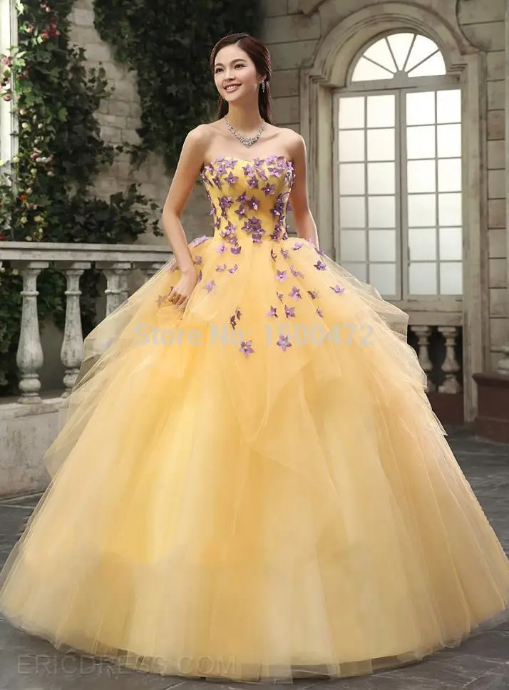 color especial apliques balón vestido de novia de tul amarillo y