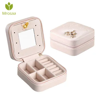 

Portable PU Leather Jewelry Box Makeup Organizer Packing Jewelry Case Cosmetic Box&Mirror Travel Earring Ring Casket Storage Box