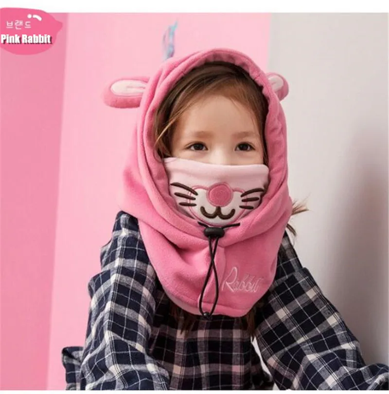 Pink Rabbit 10 p дети двойной бархат Skullies& Beanies мальчик и девочка зимний ветрозащитный Теплый шапки мультфильм детская маска шеи и ухо защита удлиненная шапка - Цвет: Pink Rabbit