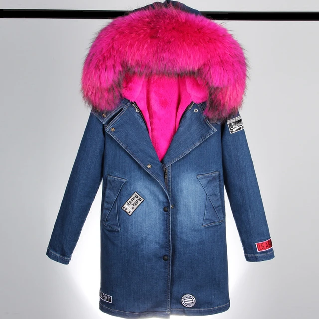 Cheap Winter female raccoon fur collar denim jacket in long cotton-padded clothes parka 6
