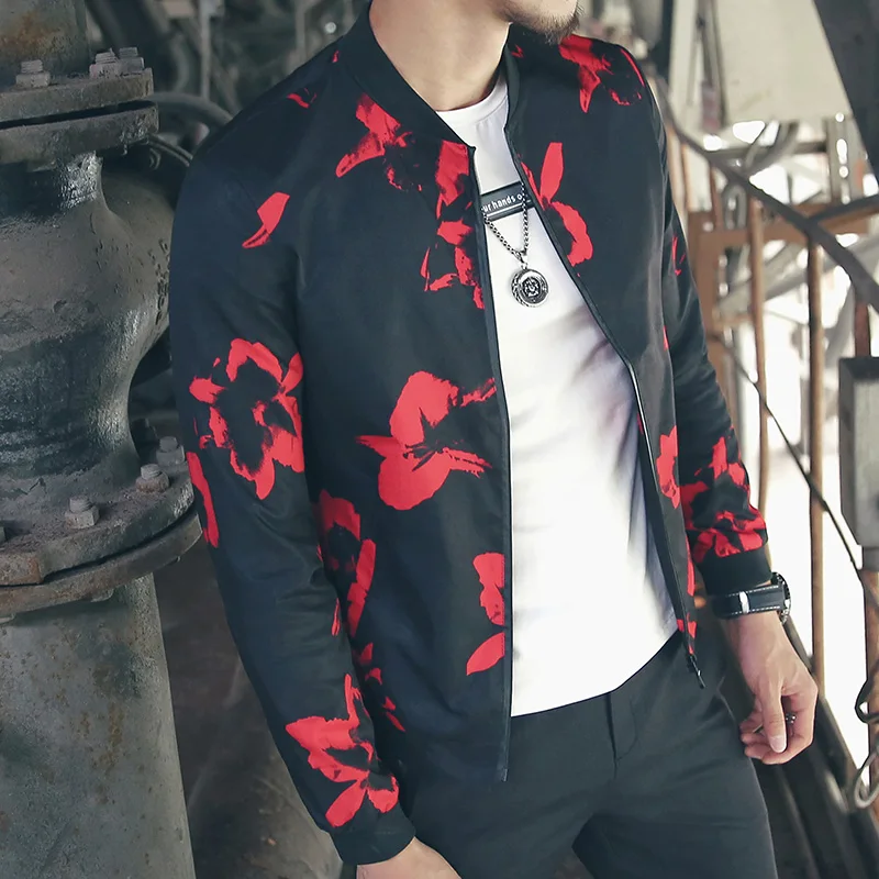 

2019 Spring Autumn Hip Hop Jacket Men Slim Fit Flowers Pilot Bomber Jacket Men's Stand Collar Coats Male Clothing USA Size 5XL