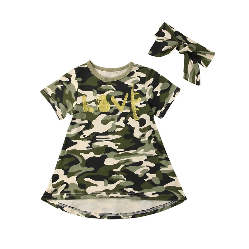

Kids Baby Girl Summer Dress Camouflage Letter Print Cotton Mini Dresses Headband 2PCS Outfits Sundress Clothes