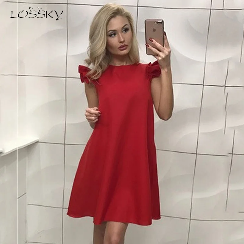 

Lossky Summer Women O Neck Ruffled Short Sleeve Mini Dress Red Purple Elegant Evening Party Dress Girl Casual Loose Short Dress