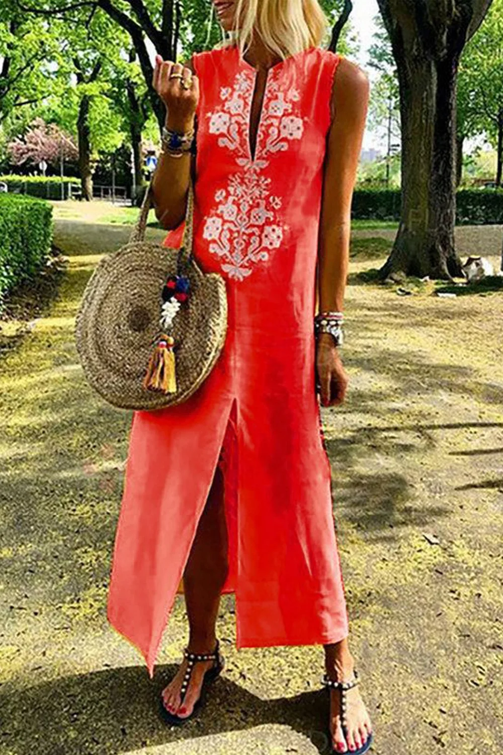 Orange-Sleeveless-Casual-Slit-Geometric-Summer-Dress-LC611109-14-2