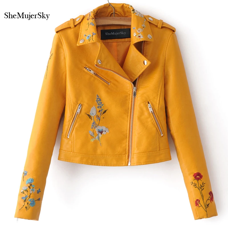 

SheMujerSky Women Jacket PU Leather Embroidery Floral jaqueta de couro Zipper jaquetas feminino 2017 Fashion