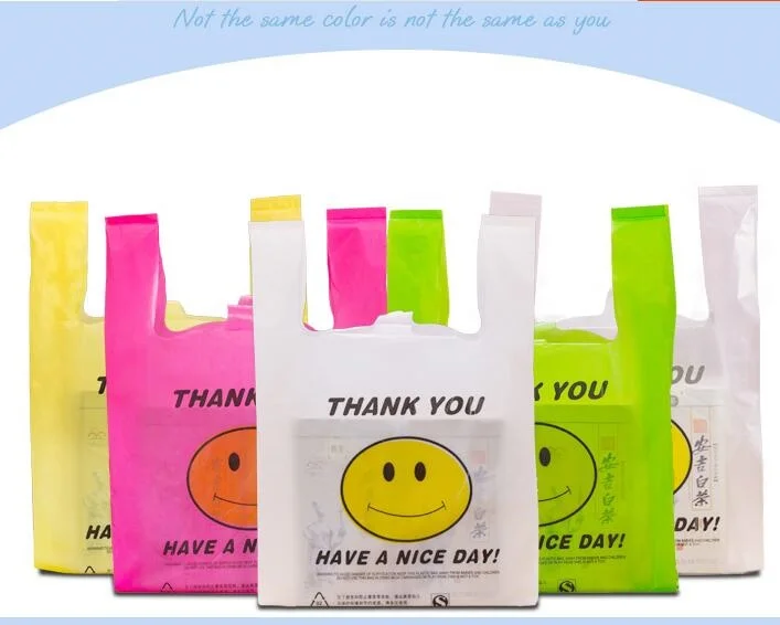 50 шт./лот маленький розовый спасибо пластиковые подарочные пакеты с ручкой, красочные полиэтиленовые пакеты улыбка супермаркет пластиковый мешок жилет