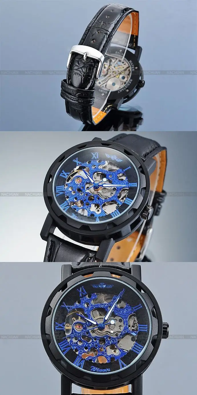Black Leather Band Stainless Steel Skeleton Mechanical Watch
