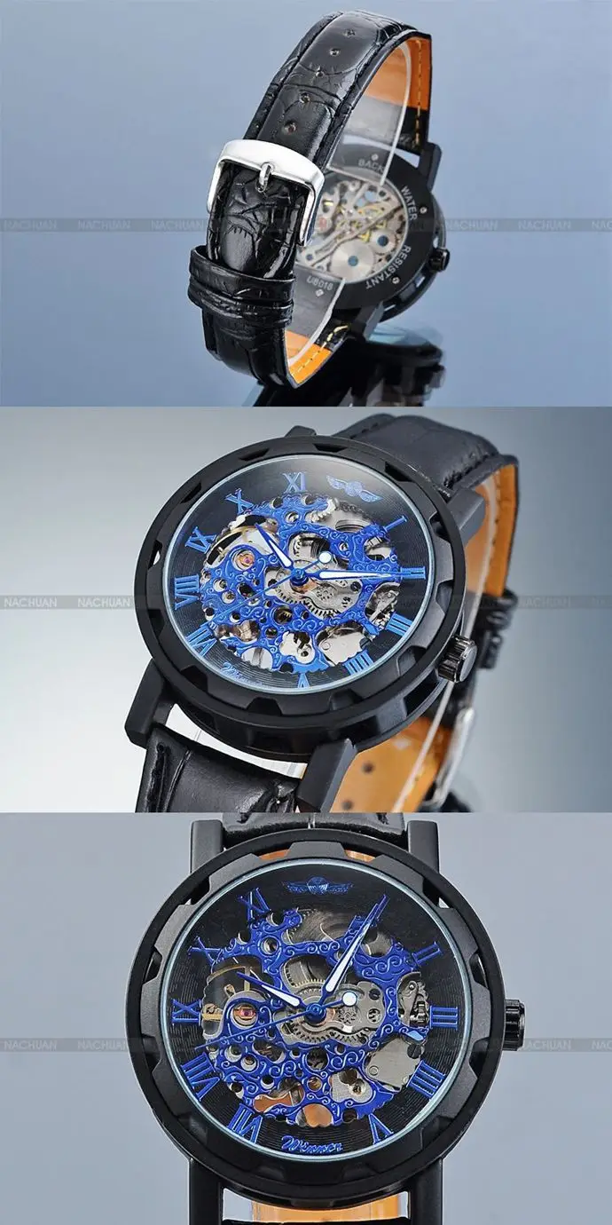 Fashion Winner Black Leather Band Stainless Steel Skeleton Mechanical Watch For Man Gold Mechanical Wrist Watch Luxury Brand