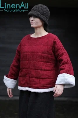 Cheap Linen clothing women's red wide-waisted vintage autumn and winter cotton-padded coat outerwear Down parkas YIJIU