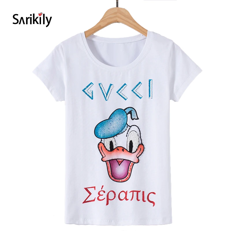Sarikily хлопковая футболка Летняя Для женщин мультфильм Kawaii утка блесток черный