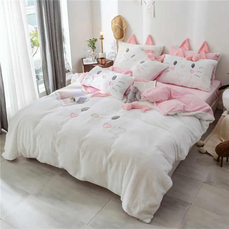 Белый розовый серый зимний толстый фланелевый милый бант для кошек набор постельных принадлежностей для девочек флисовая ткань пододеяльник простыня/льняные наволочки