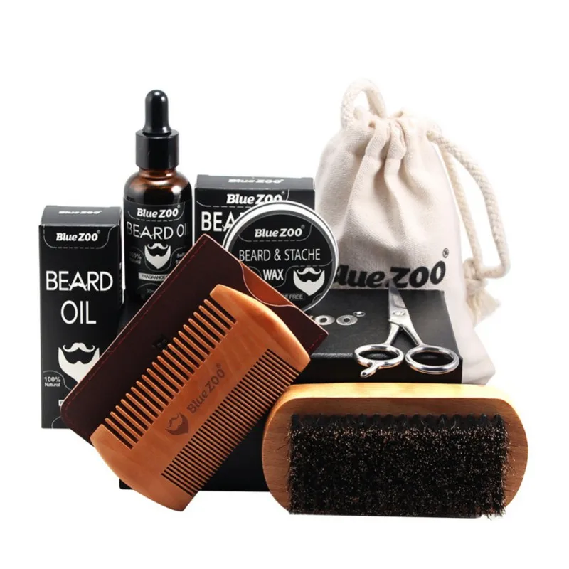 

7 Pcs Men Moustache Cream Nutrition Beard Oil Beard Scissors Kit Box Moustache Comb Brush with Storage Bag Kits 2018 Products