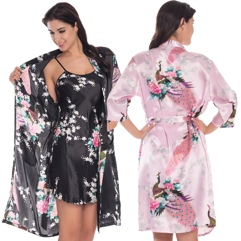 Женский комплект 2 шт. шелковое кимоно с павлином, халаты, сексуальное женское белье, халат для подружки невесты на свадьбу, атласная ночная рубашка, халат, пижама