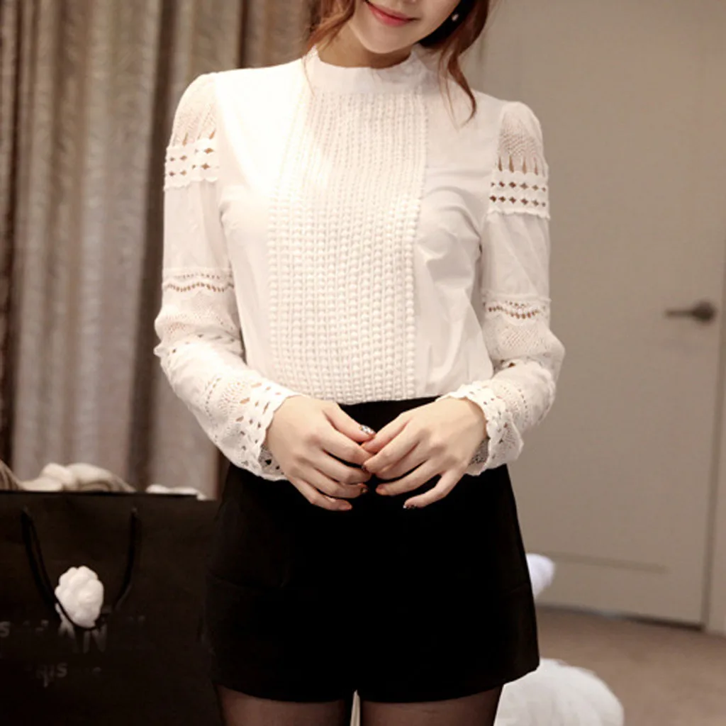 Women Blouse 2019 Women Floral Lace Button Down Long Sleeve Casual Solid Work Tee Shirt Blouse Top