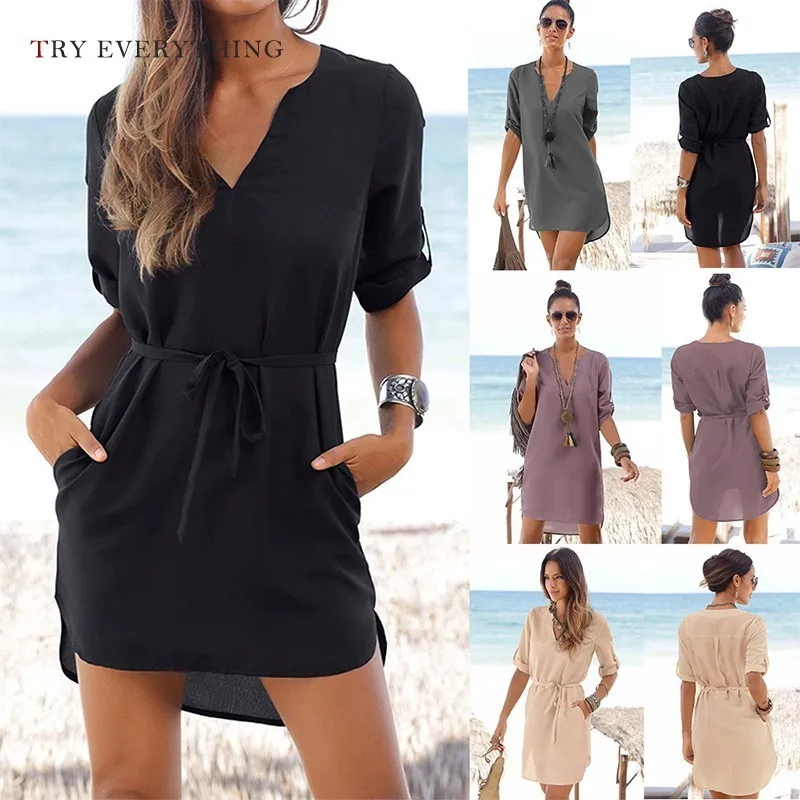 

Black Chiffon Beach Dress Women Summer 2019 Blue Loose Ladies Casual Dress belt V Neck Sexy Short Mini Dresses Women Summer