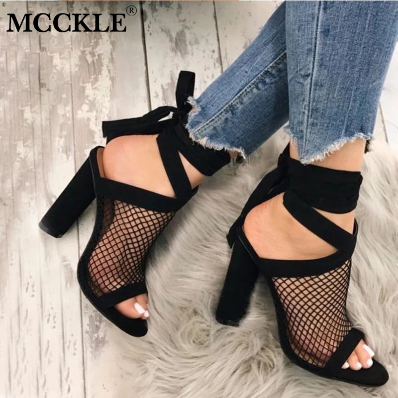 

MCCKLE Women Mesh High Heels Plus Size Sandals Female Ankle Strap Bandage Lace Up Summer Party Shoes Ladies Square Heel Fashion