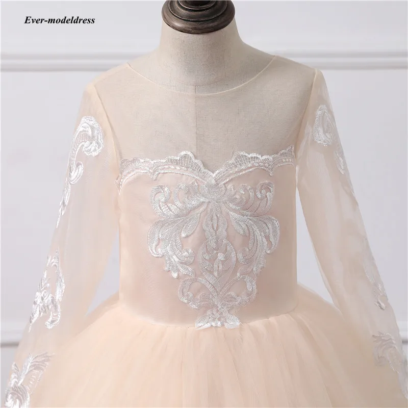 Милые платья с длинными рукавами и цветочным узором для девочек на свадьбу 2018 года, кружевное бальное платье с прозрачной горловиной для