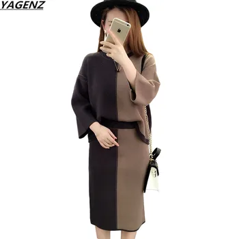 

Women's Sets 2017 New Autumn Winter Knit Two-piece Set Spell Color Sweater Pullover + Knitted Skirt Casual Women Costumes YAGENZ