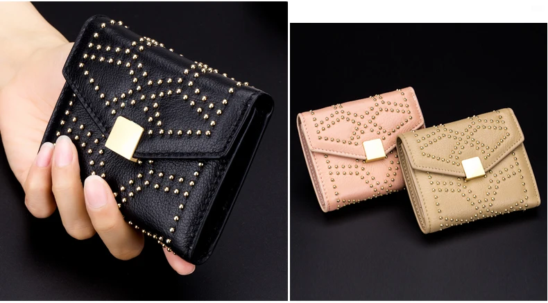 Lomelobo Ladies Rivets Small Wallet Genuine Cow Leather Women Three-Fold Short Personality Wallet Girls Credit Card Holder Purse HPL2627-1 Details (11)