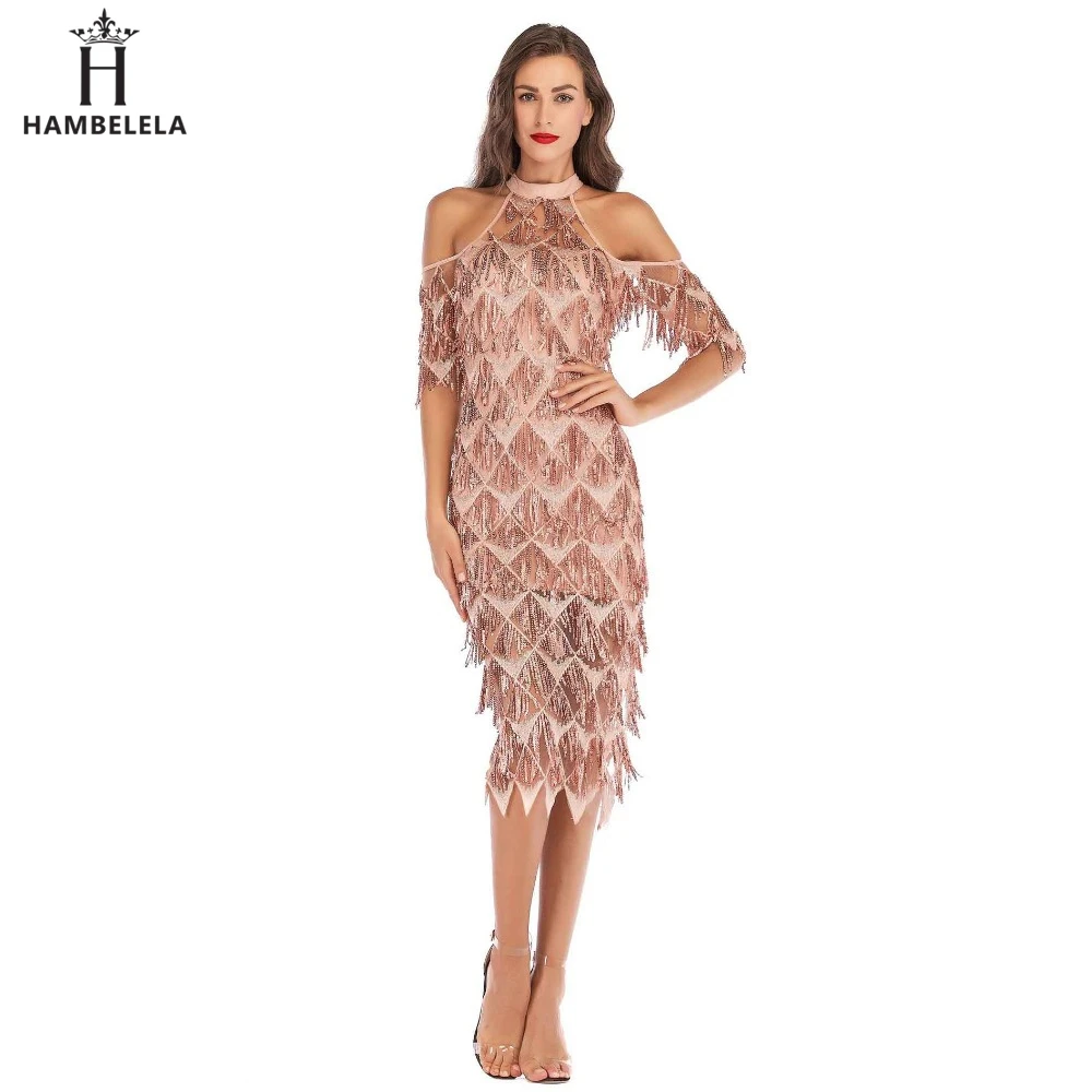 HAMBELELA 2019 Summer Women Off Shoulder Short Sleeve bandage Dress Sexy Bodycon Tassel Evening Party Dresses Sequined Vestidos (8)