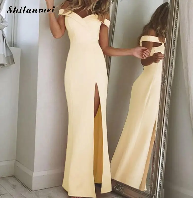Sexy Off Shoulder Long Dress Women Elegant Slim Split Skinny Maxi Dresses 2018 Summer Bodycon Party Club Vestidos Robe Femme Ete Dresses