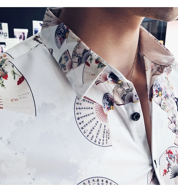 Мужской смокинг рубашка Китайский Стиль вентилятор с цветочным принтом Для мужчин рубашка Slim Fit Повседневное с длинным рукавом Для мужчин s