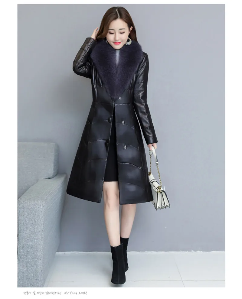 New Fashion Autumn Winter Women Leather Jacket Slim Parka Overcoat Female Faux Fur Collar Plus Size Long Fur Coats A1362