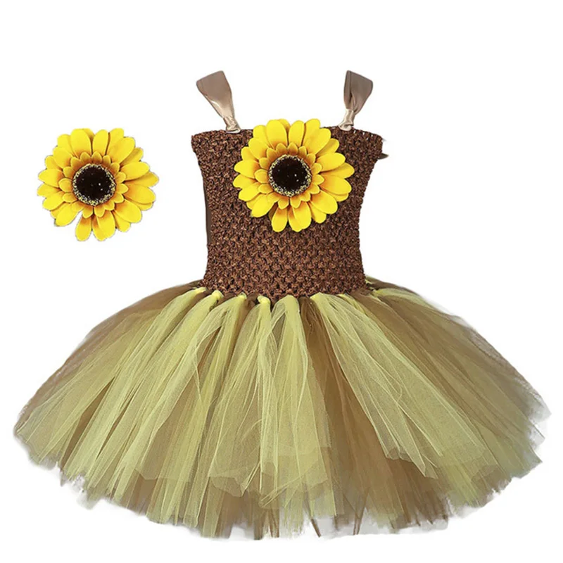 

Baby Kids Halloween Costumes for Girls Brown Sunflower Knee Length O-neck Tutu Dress Girls Clothing Christmas Princess Dress 12