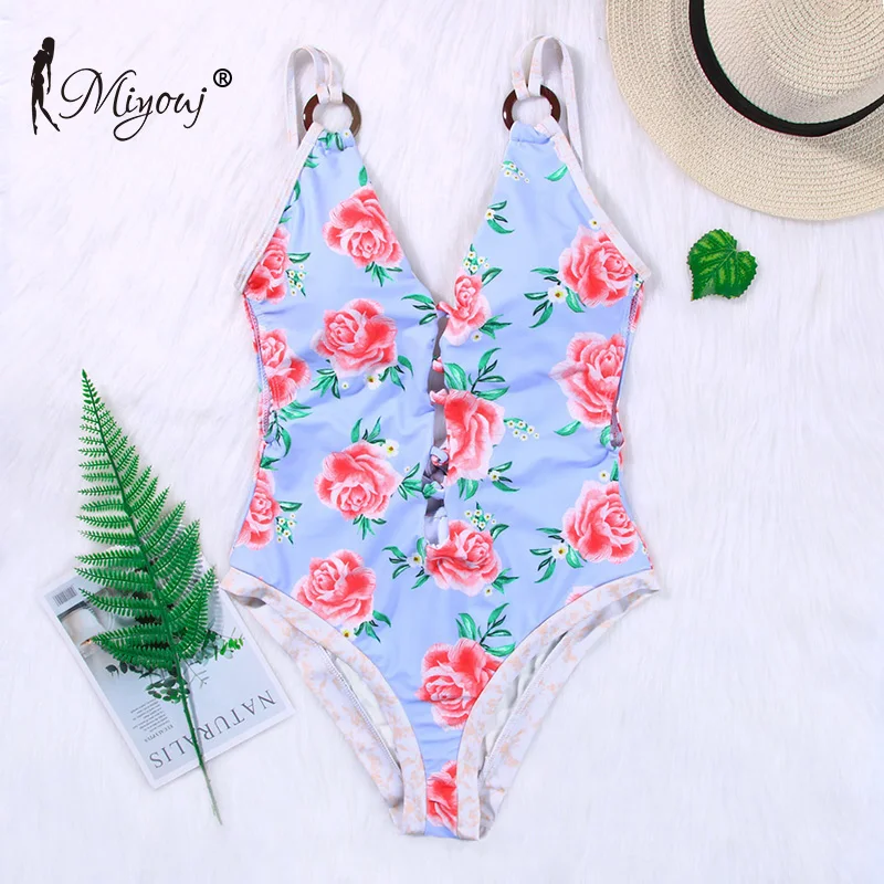 Miyouj Floral One Piece Swimsuit Hollow Out Bandage Swimwear Female Deep V Bathing Suit Women Backless Beachwear Bikinis Mujer
