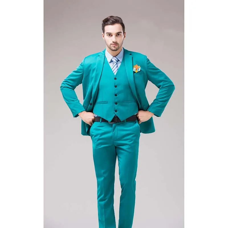 2020 Green Blue Groom Tuxedos Notch Lapel Men's Suits Turquoise Bridegroom Wedding Dinner Best Man Suits (Jacket+Pants+Vest)