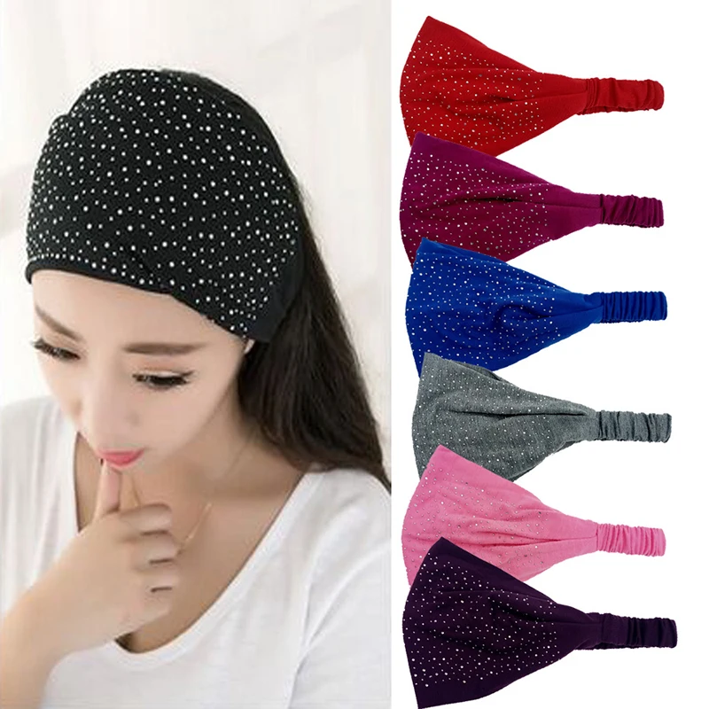 

LNRRABC 2019 new 1pcs Womens Turban Headband Dance Bandeau Stretch Headwear Hairband Wide Rhinestone Hair Jewelry headwear