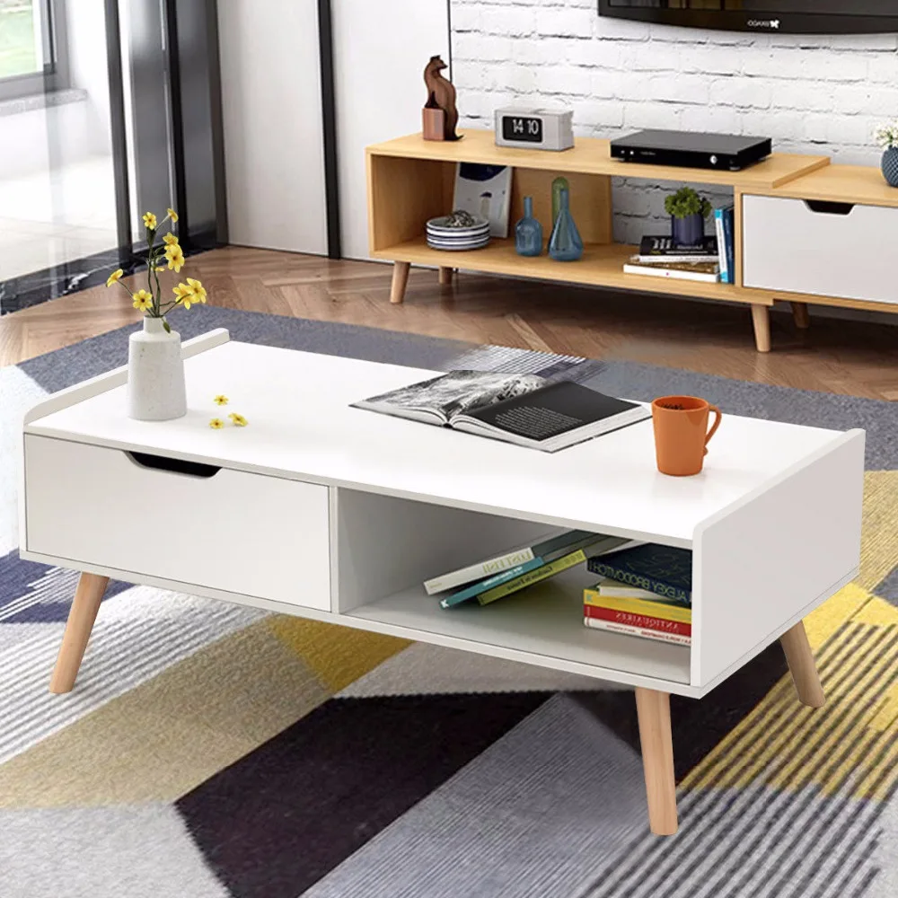 Giantex Modern Coffee Table Side End Table Cabinet With Drawers Solid Wood Legs Home Furniture HW57466