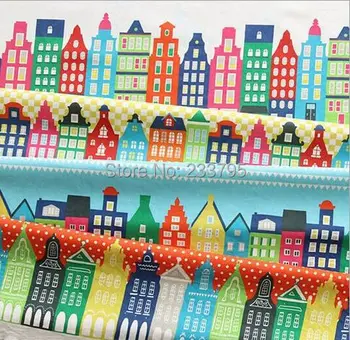 

2015 new Vintage small house Painting cartoon Hemp Cotton Linen Fabric Burlap for Sewing Textile Quilting Tilda Organic Fabrics