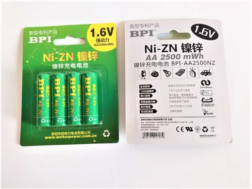 

4PCS NIZN AA Rechargeable Battery 2500mWh 1.5V 1.6V Ni-Zn AA