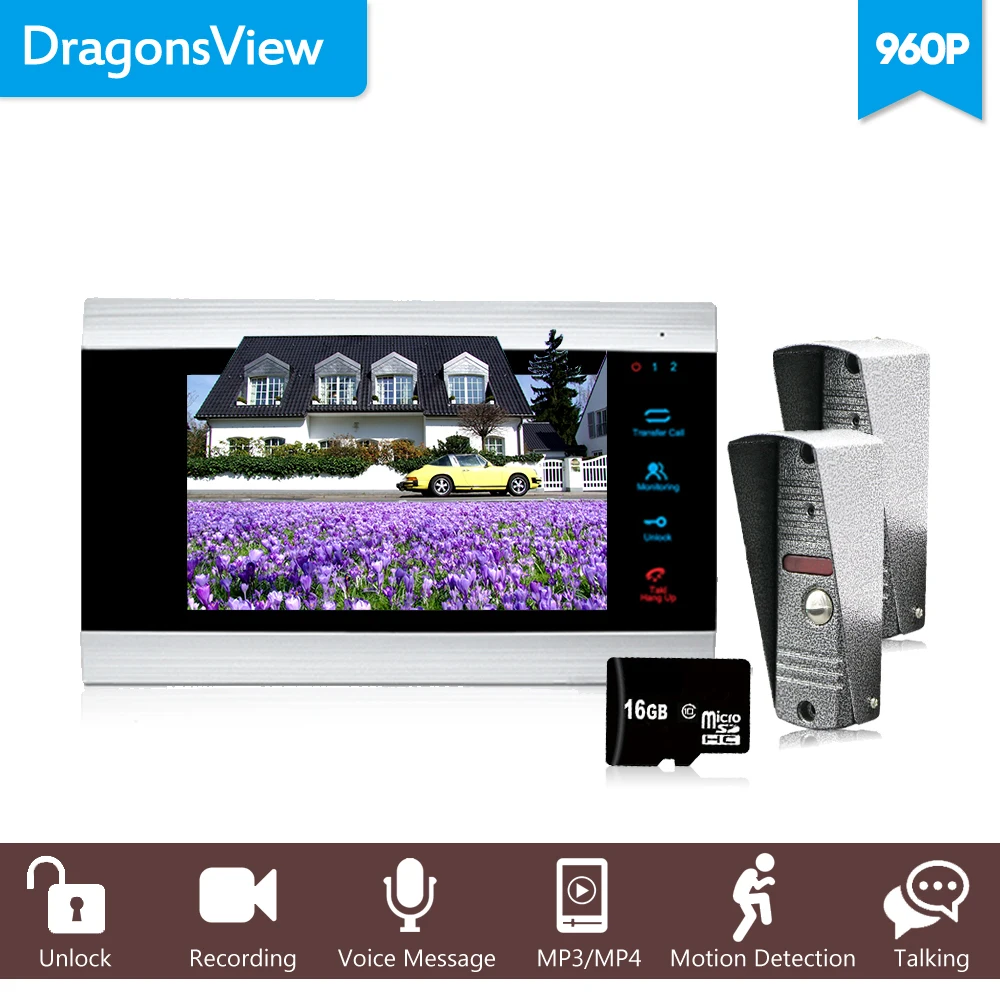 

Dragonsview 960P/AHD Intercom Video Door Phone DoorBell System 7 Inch Monitor Record 16GB SD Card HD Doorbell Video Call Metal