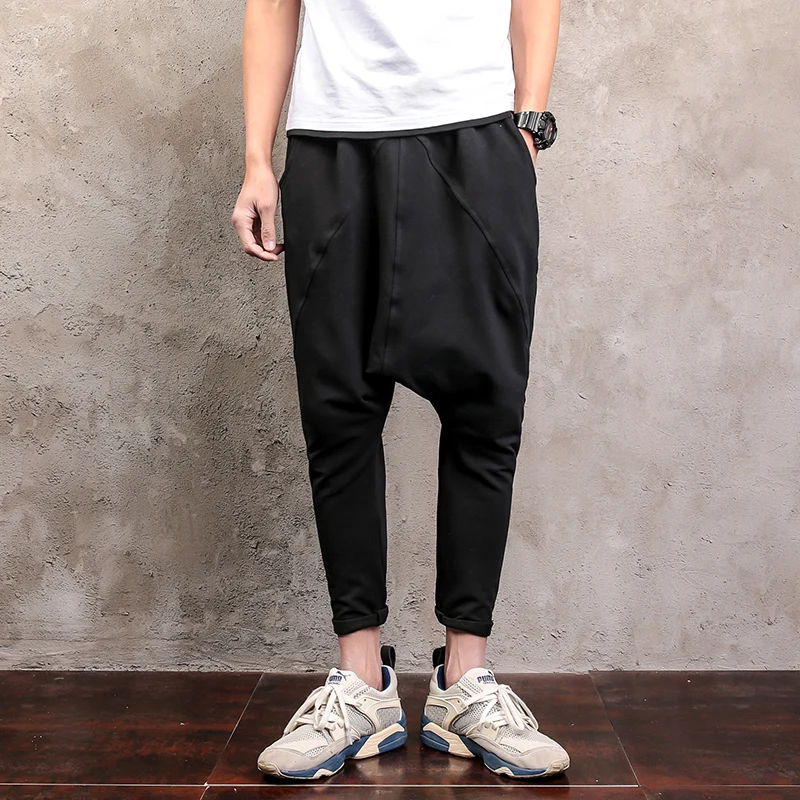 الرجال عبر السراويل الهيب هوب الشارع الشهير عارضة الحريم السراويل الترنك الرجال أسود رمادي القطن Sweatpants المنشعب عميق فضفاض السراويل الذكور