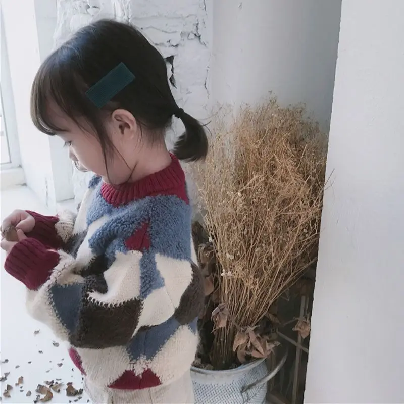 Корейский стиль; вязаные Повседневные свитера с круглым вырезом и ромбовидным узором для мальчиков и девочек; детский теплый плотный свитер; одежда для детей