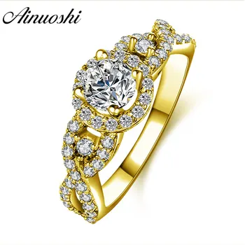 

AINUOSHI Luxury Twisted Band Halo Ring 14K Solid White/Yellow Gold Weaving Drills SONA Diamond Women Wedding Engagement Ring