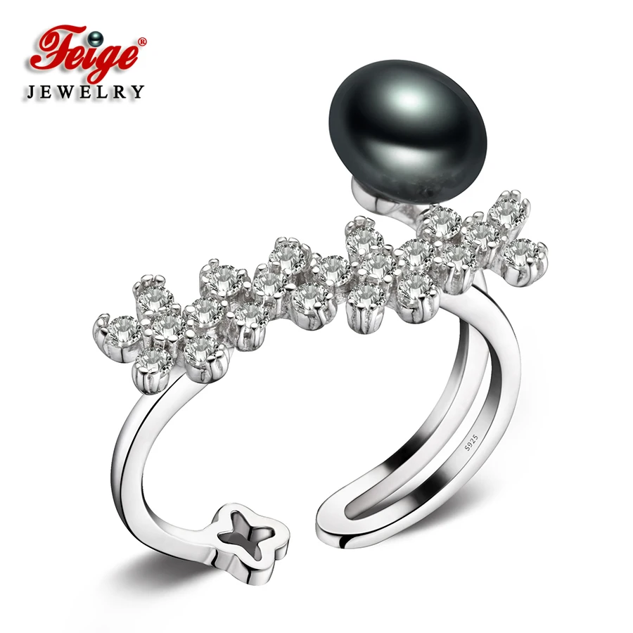 

FEIGE New design 8-9mm Black Freshwater Pearl Ring Resizable 925 Sterling Silver Rings for Women's Fine Pearl Jewelry Bague