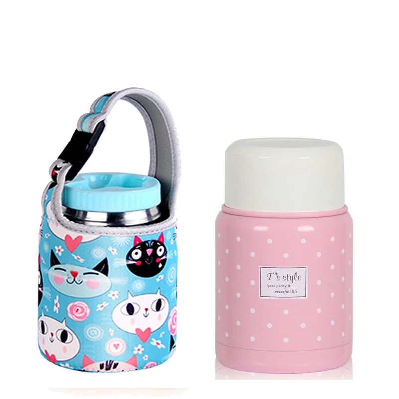 pink with cat bag 350 мл Термос inox Складная ложка термальный детский Ланч-бокс termos красочная банка для супа Портативная сумка контейнер для еды - Цвет: pink with cat bag