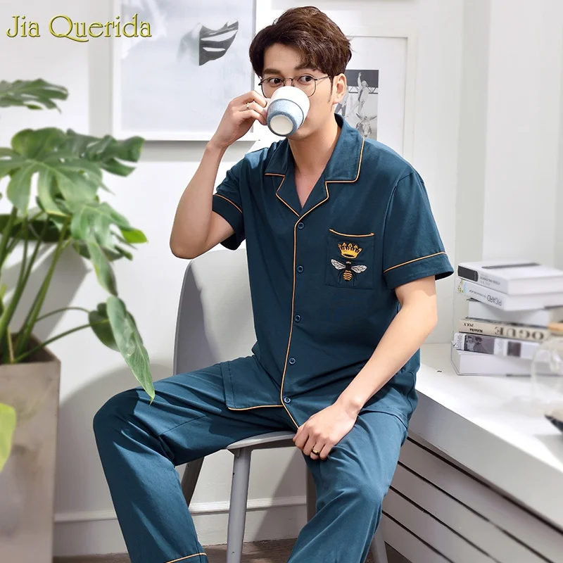 

Mens 100% Cotton Pajama High Quality Men Sleepwear Short Sleeve Long Pant 2pcs Pajama Sets Grown Bee Stitch Pocket Classy Pyjama